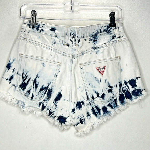 Guess White Bleach Wash Blue Tie-Dye Button Fly Raw Hem Jean Short Shorts 27 - Picture 1 of 10
